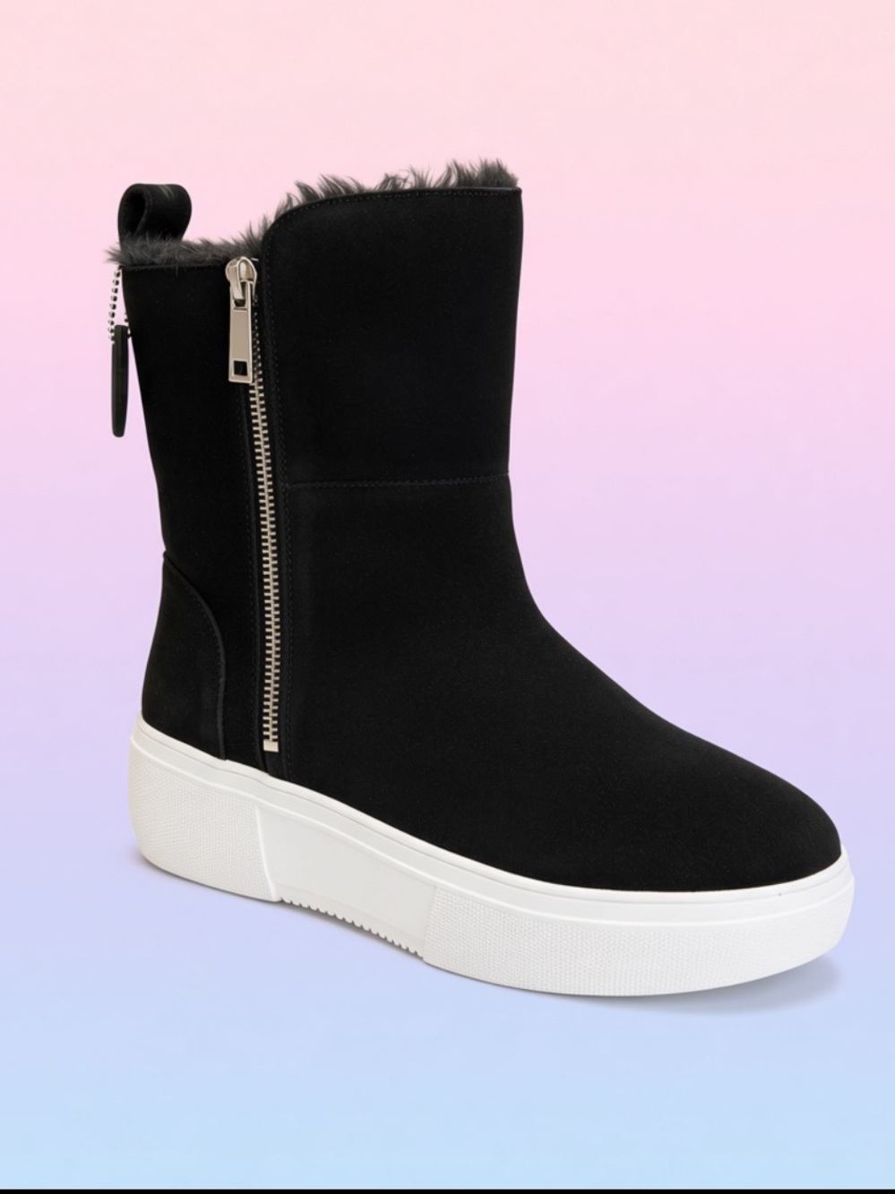 J Slides Black Suede Fleece-Lined Zip Platform Ankle Boots-BNIB